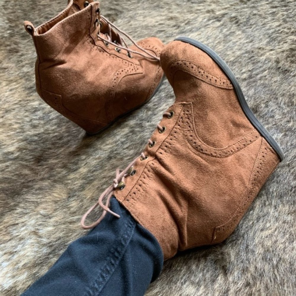 Camel suede lace-up boots, 6.5